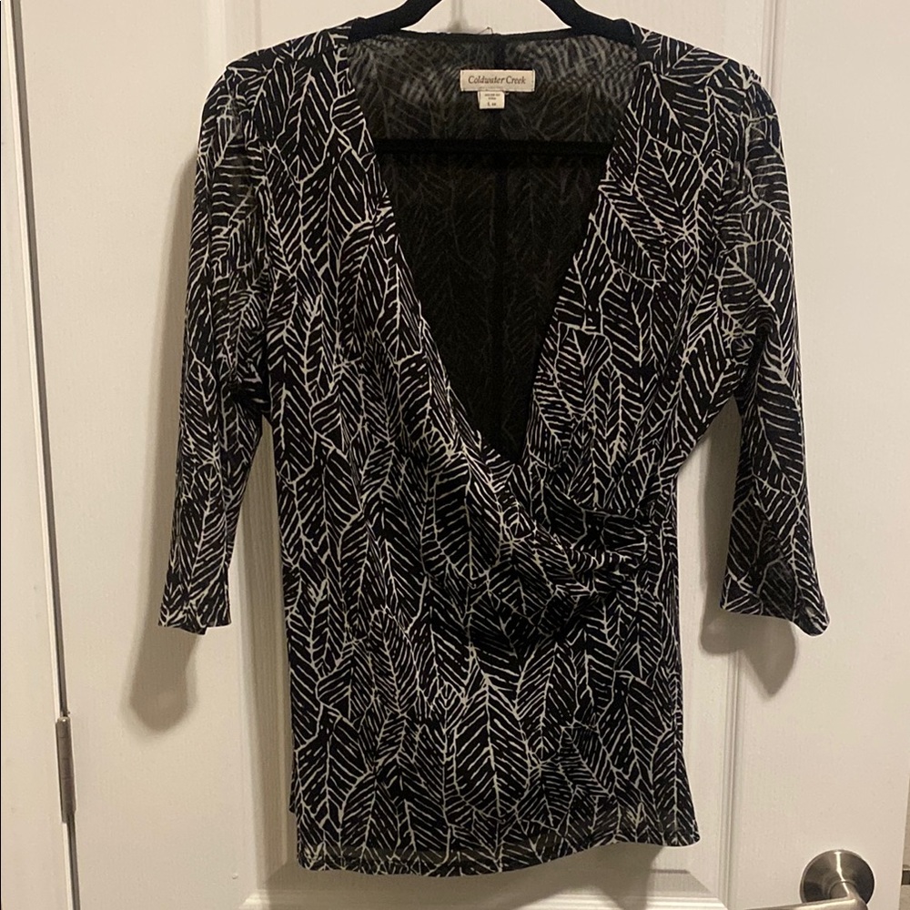 Coldwater Creek Black and White Wrap Blouse 3/4 Sleeve